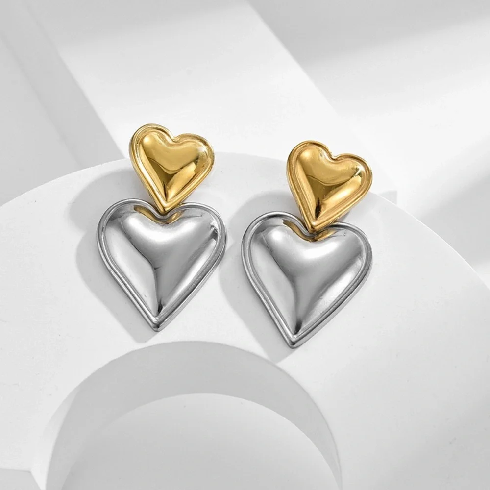 Bicolor Double Heart Earrings*Minimalist Earrings*Waterproof*Tarnish Free - Picture 2 of 3